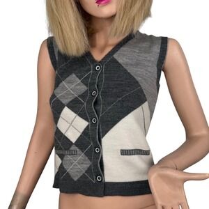 Argyle Button Front Sweater Vest Grey White Preppy Light Academia Collegiate S/M